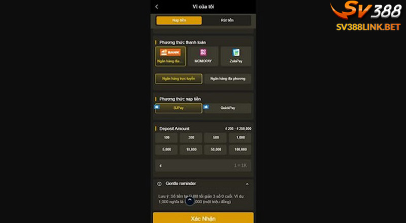 Nạp tiền qua hình thức Ngân hàng địa phương